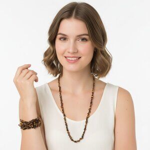 Tiger Eye Gemstone Chip Jewelry Lot - 3 Stretch Bracelets & Necklace Set | Boho